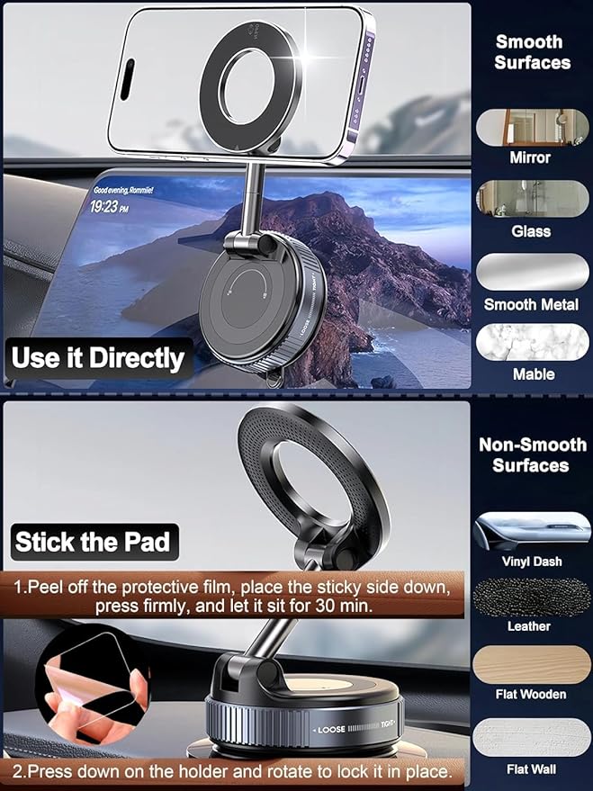 360° Magnetic Vacuum Suction Phone Mount with Strong Grip